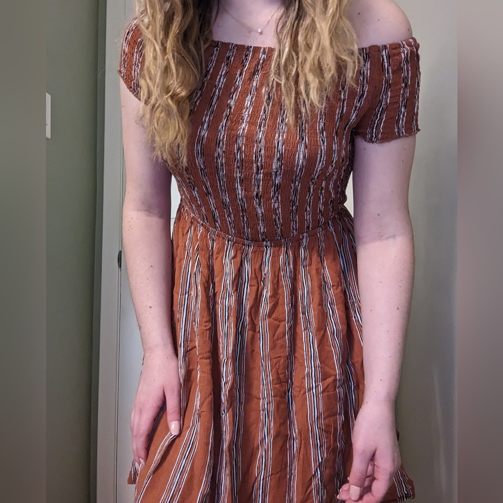 Mei Smocked Off the Shoulder Dress | Burnt Orange with Black & White Stripes